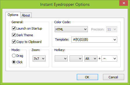 Instant Eyedropper: Options Window